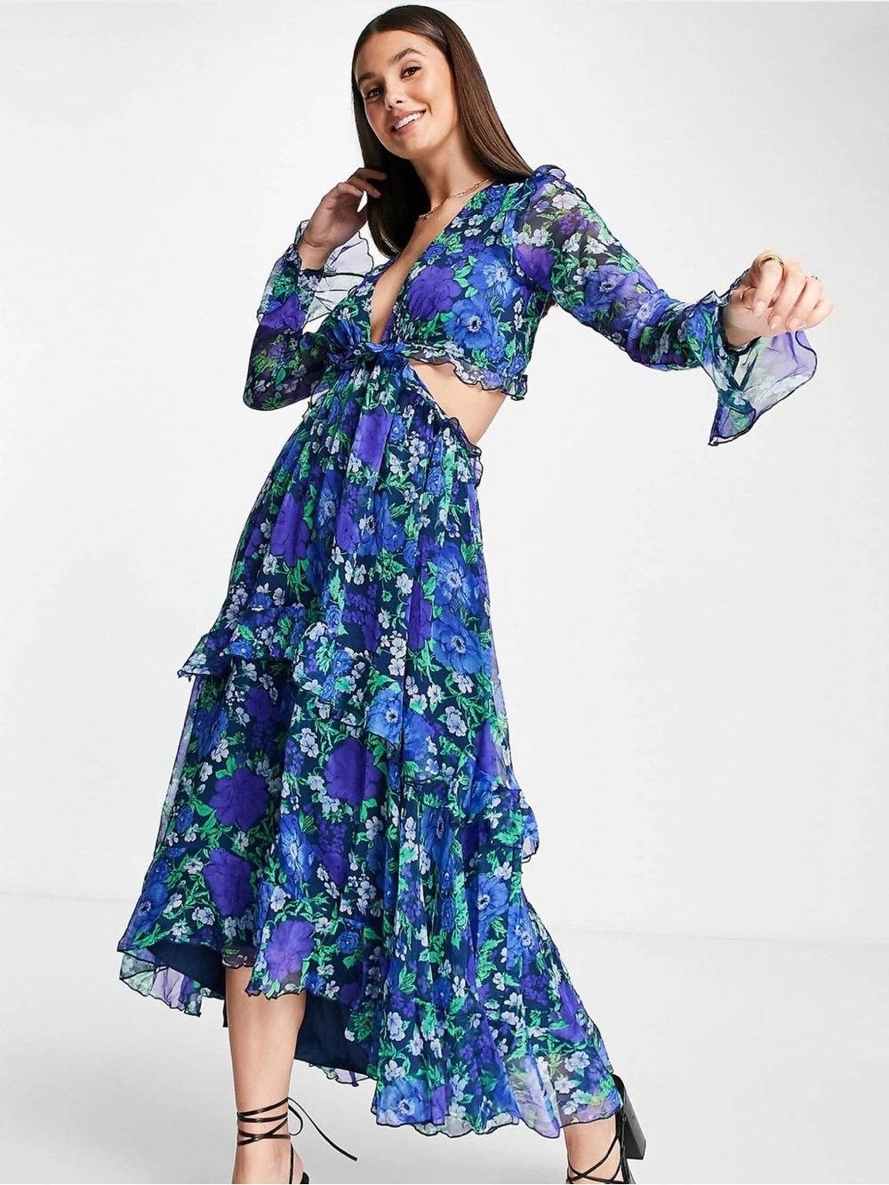 ASOS Blue and Green Floral High-Low Maxi Dress